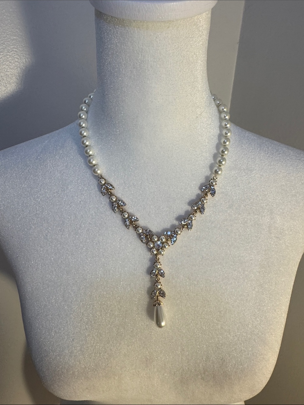 Charter Club Pearl and Crystal Drop Y-Necklace - White and Gold NWT
